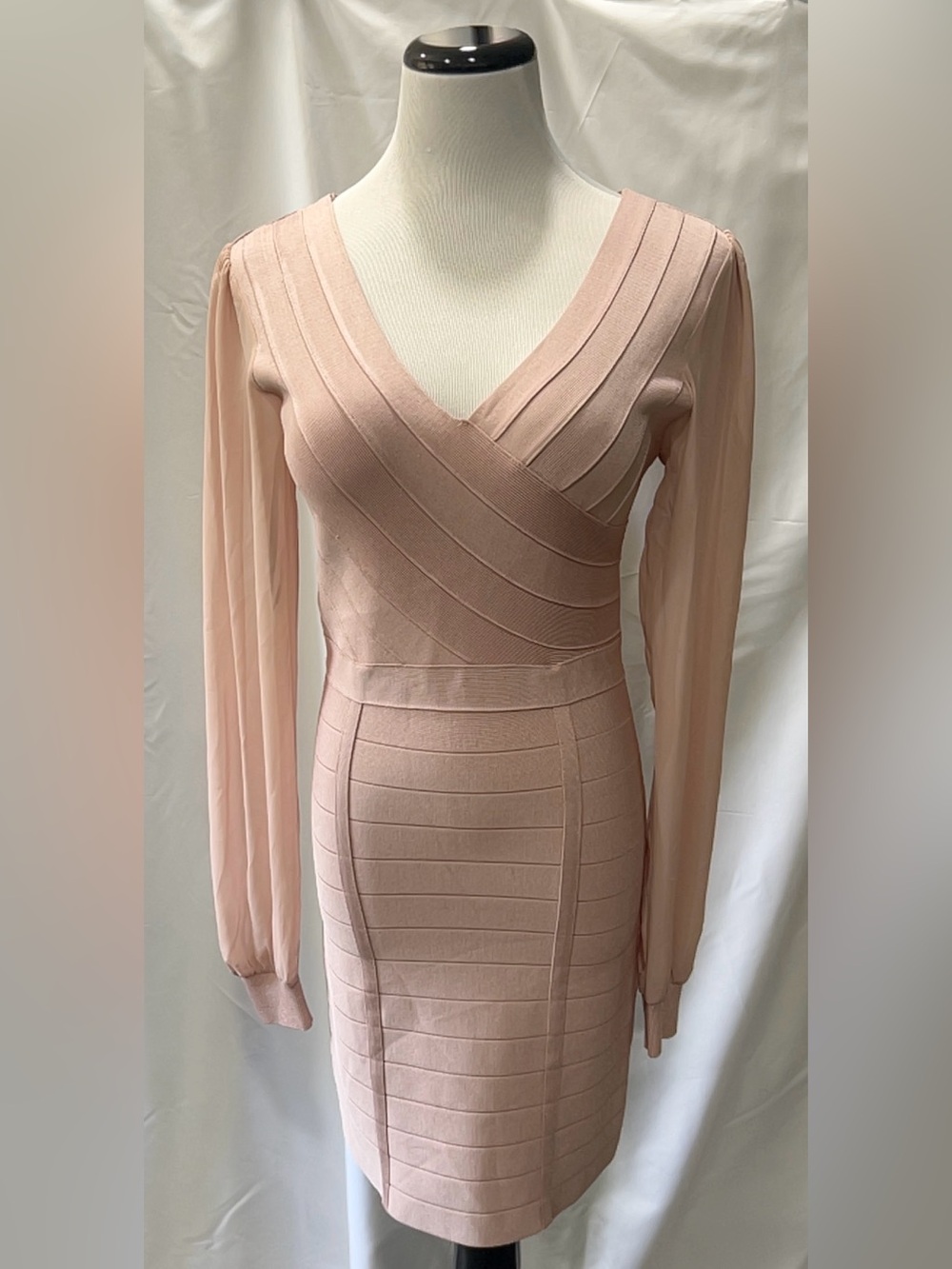Bebe Women Pink Bandage Bodycon Dress Sheer Long Sleeve V Neck Cutout Back XL